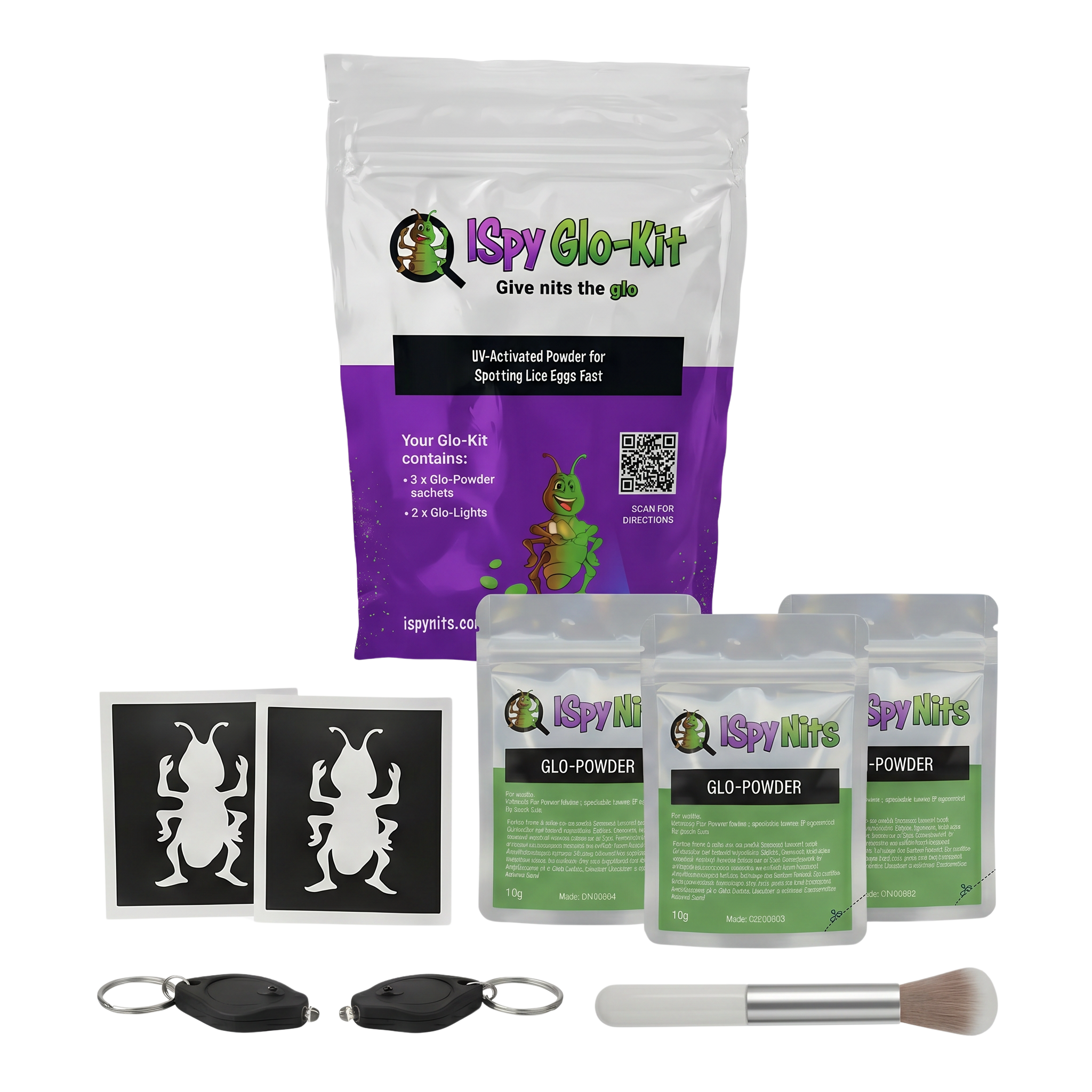 Glo-Kit contents: pouch, three Glo-Powder sachets, two UV lights, applicator brush and two tattoo stencils
