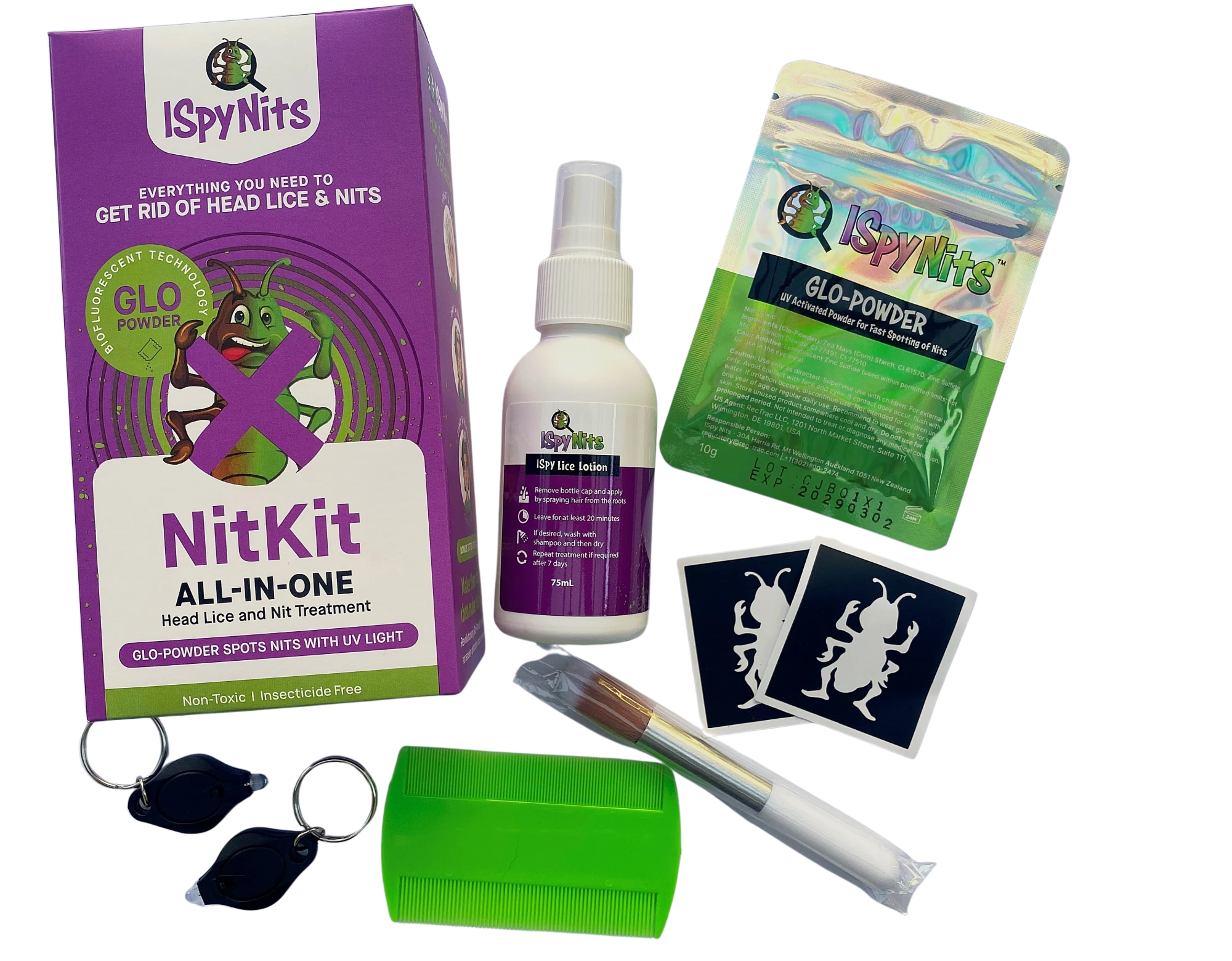 Single NitKit contents: box, Lice Lotion spray, Glo-Powder sachet, two UV lights, comb, applicator brush and two tattoo stencils